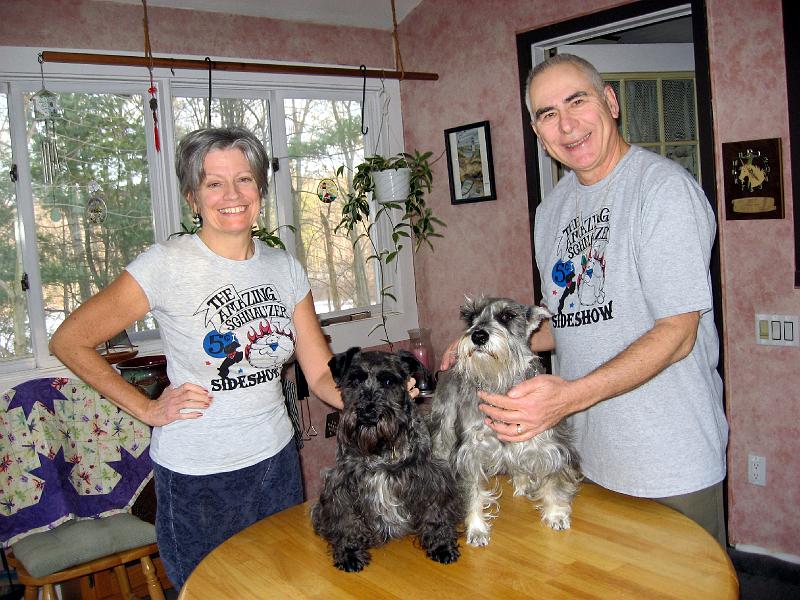 us_dogs_t-shirts Here we are on March 3, 2007, our 34th Anniversary, with Lyla (left) and Ranger. We're wearing silk-screen t-shirts that Mathilda (who took this photo) made for us.