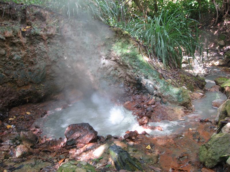 IMG_0816 A Wotten Waven boiling spring erupts with bubbles. Nearby were steam vent holes. This place in in the south, east of Roseau, near Trafalgar Falls.  The south of Dominica has more volcanic activity than the north.