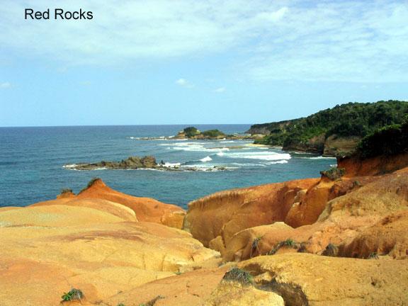 redrocks-1 Red Rocks: Right before Point Baptist, on the Atlantic coast just east of the village of Calibishie, is another of the world's true beauty spots, Red Rocks.  On one side is the black sand beach before Point Baptist.
