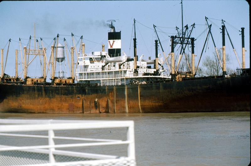 river-11 A victory ship.  Built assembly-line style dring WWII, these weren't expected to still be in service in 1973.  The plan at the start was to launch one of these per month, but production hit two a week!