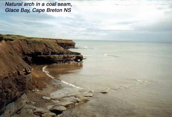 glacebay Glace Bay, Cape Breton, Nova Scotia: Glace Bay is located on a seam of soft coal that, if followed, would run from New Brunswick, under the Bay of Fundy, beneath the Nova Scotia peninsula and island of Cape Breton (where it surfaces at Glace Bay, near Sydney Mines, at the northeastern end of the island, and then contunues under the bed of Saint Lawrence Bay all the way to Newfoundland, 12 hours away by ferry. Notice the natural arch the waves have carved through the coal seam.