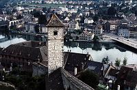Munot_wall_tower_and_Rhein Schaffhausen, where that Tanner family came from, is a city in northern Switzerland and the capital of the canton of the same name; it has an estimated population of 33,527 as of March 31, 2005. The old portion of the city has many fine Renaissance era buildings decorated with exterior frescos and sculpture, as well as the impressive old canton fortress, the Munot. A train runs out of town to the nearby Rhine Falls in Neuhausen am Rheinfall, Europe's largest waterfall, a tourist attraction. Schaffhausen is the capital of the Swiss Canton of Schaffhausen. This is a view of the Rhein from the Munot.